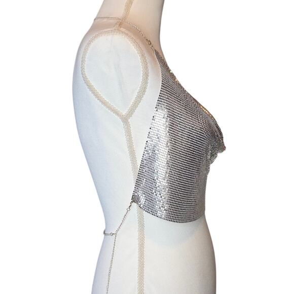 Y2K Cowl Neck Silver Mesh Chainmail Halter Top Backless Disco Edgy Fairycore - Picture 9 of 12